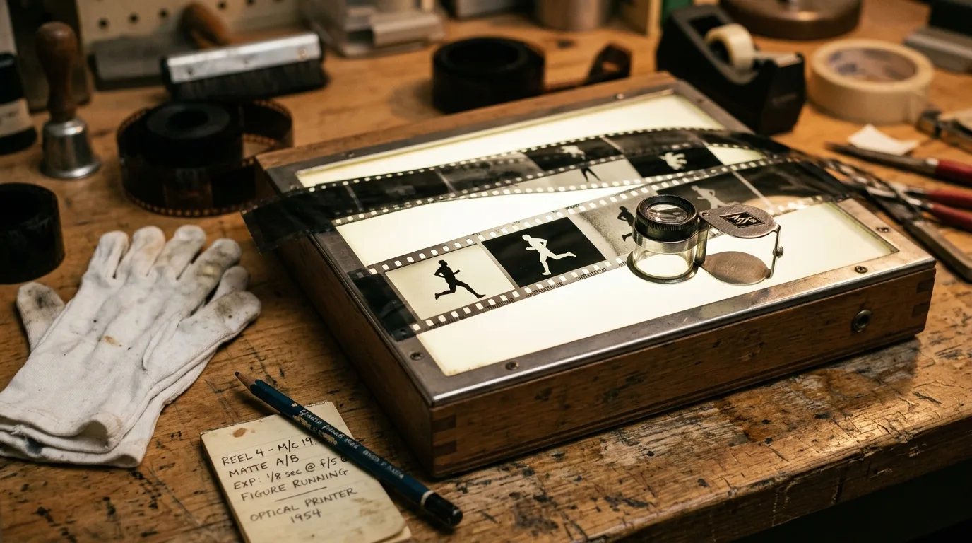Vintage lightbox with 35mm film strips showing a silhouette matte and its inverse counter-matte