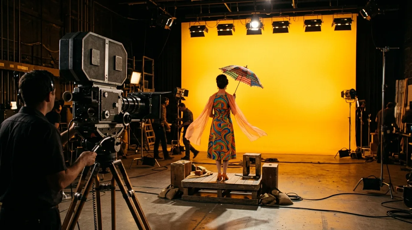 A 1960s style film studio with a white backdrop glowing yellow under sodium vapor lamps and a bulky prism camera