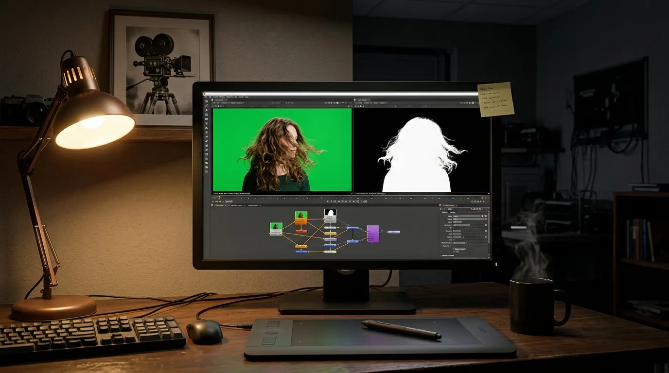 A modern compositor's monitor showing a green screen frame next to its black-and-white alpha matte
