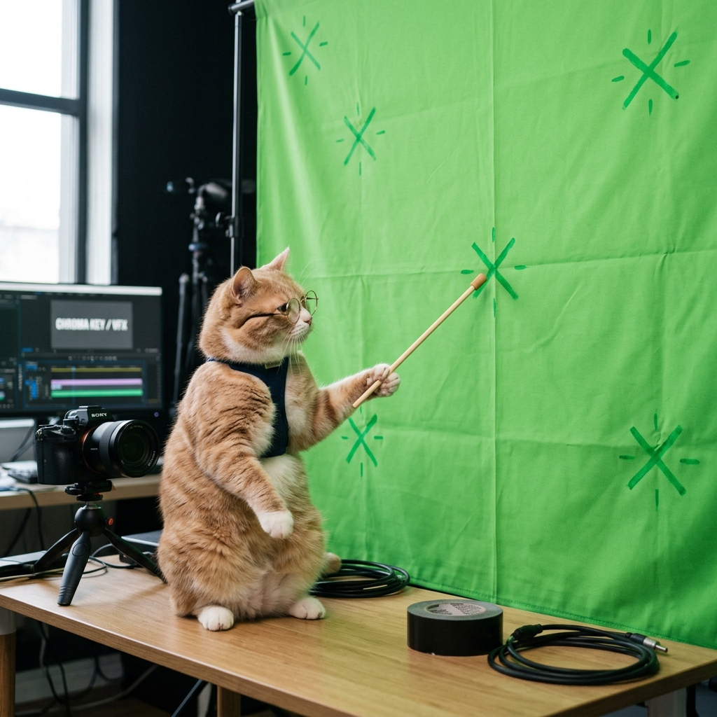 A cat explaining tracking points on greenscreen
