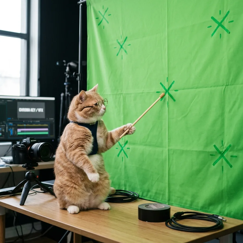 A cat explaining tracking points on greenscreen