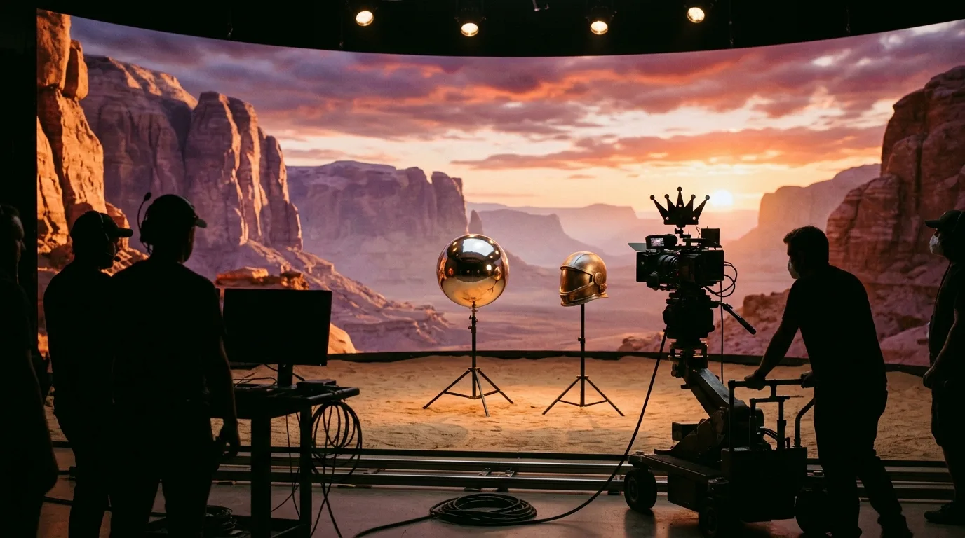 เวที Virtual Production ยุคใหม่ กำแพง LED โค้งส่องแสงลงบนพร็อพโลหะและพื้นฉาก