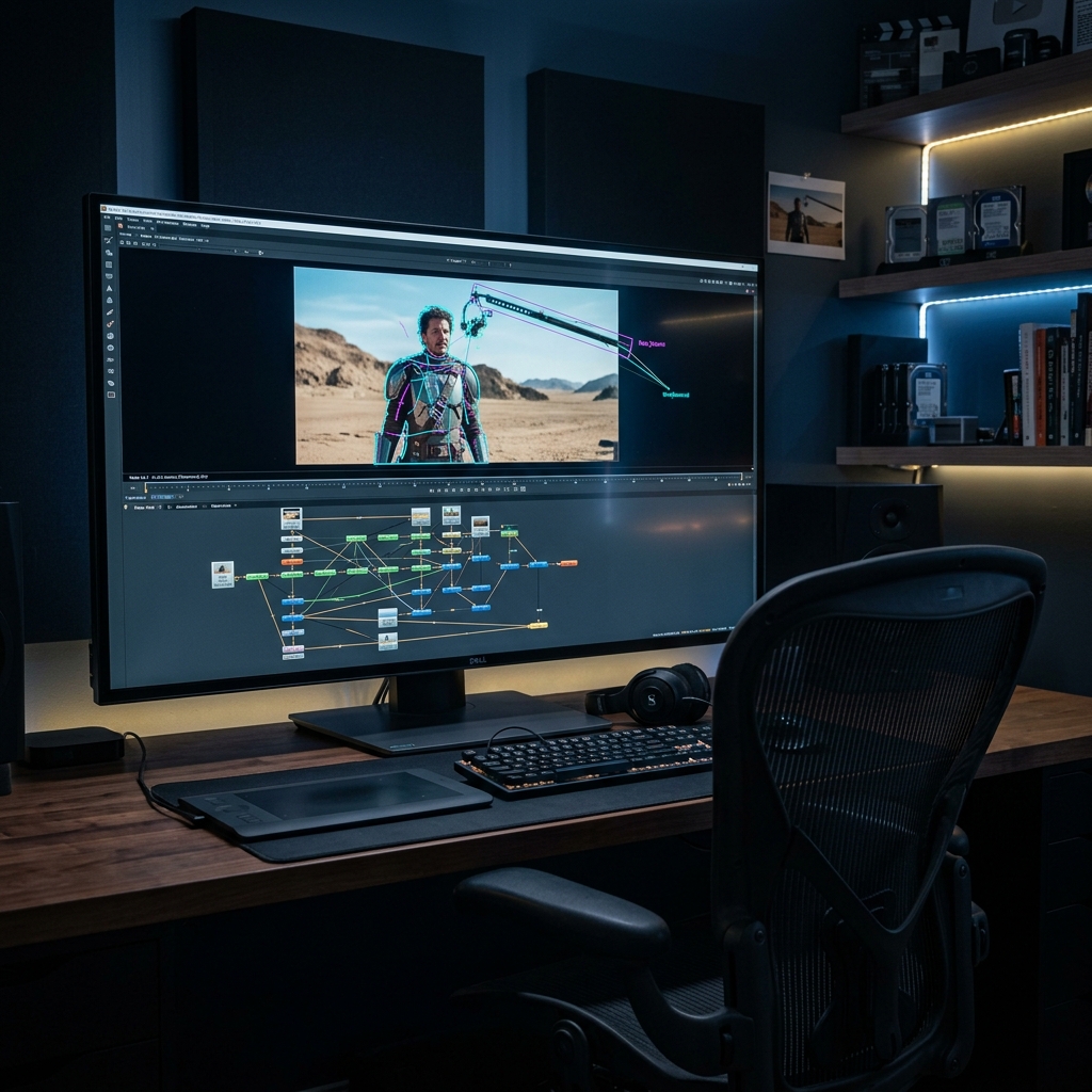 Dimly lit empty VFX studio at night with automated screen