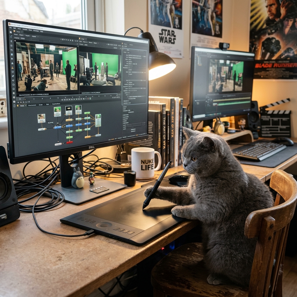 A gray cat at a VFX artist desk using Wacom tablet