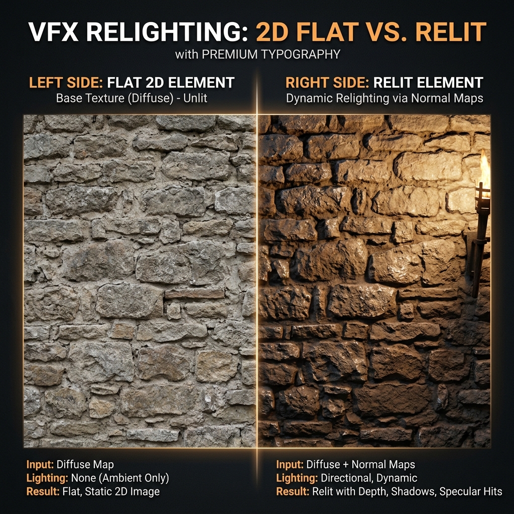 2D element relighting comparison using normal maps