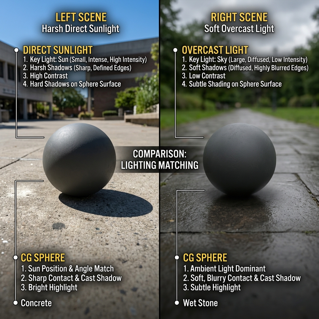 Lighting direction and shadow quality matching comparison