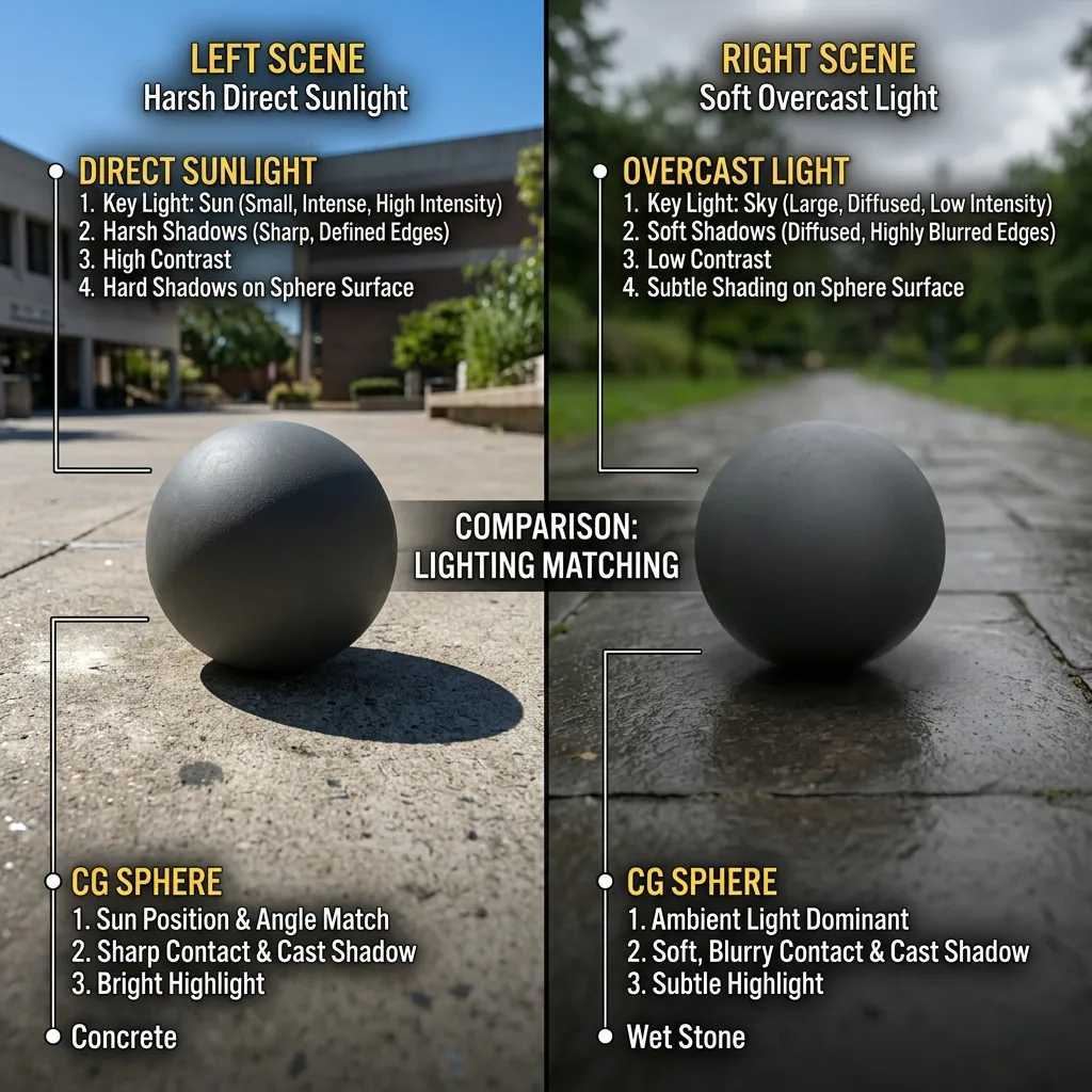 Lighting direction and shadow quality matching comparison